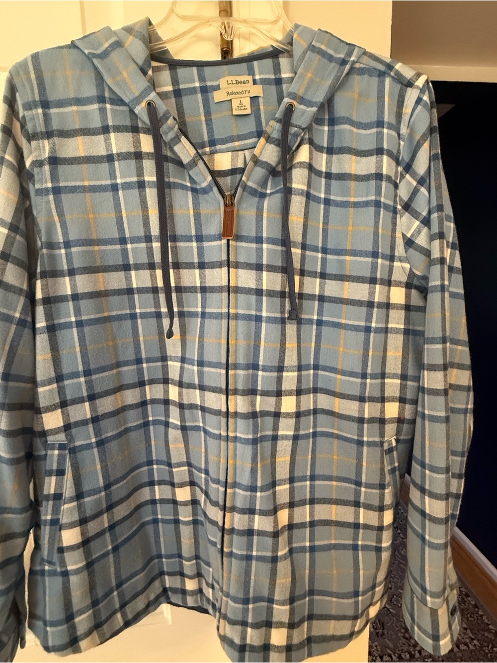 Ladies L.L. Bean Blue and White Plaid Hooded Shirt Jacket